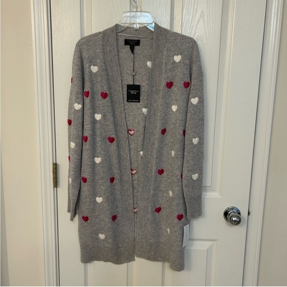 Charter Club Cashmere Heart-Embroidered Long Open Cardigan In Grey Combo Size XS - Picture 5 of 9